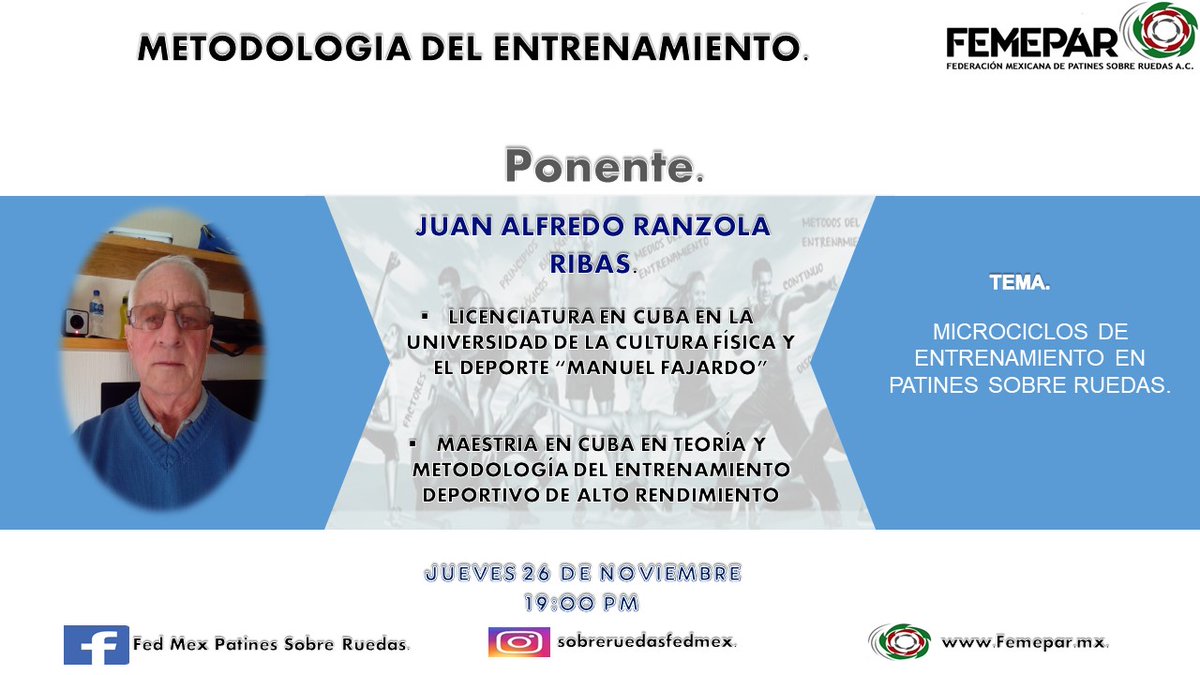 Fedpatines's tweet photo. EL DIA 26 DE NOVIEMBRE TENDREMOS LA SEGUNDA PONENCIA DEL PROF. JUAN ALFREDO RANZOLA CON EL TEMA DE MICROCICLOS DE ENTRENAMIENTO EN PATINES SOBRE RUEDAS https://t.co/gxJ0TQdNhC