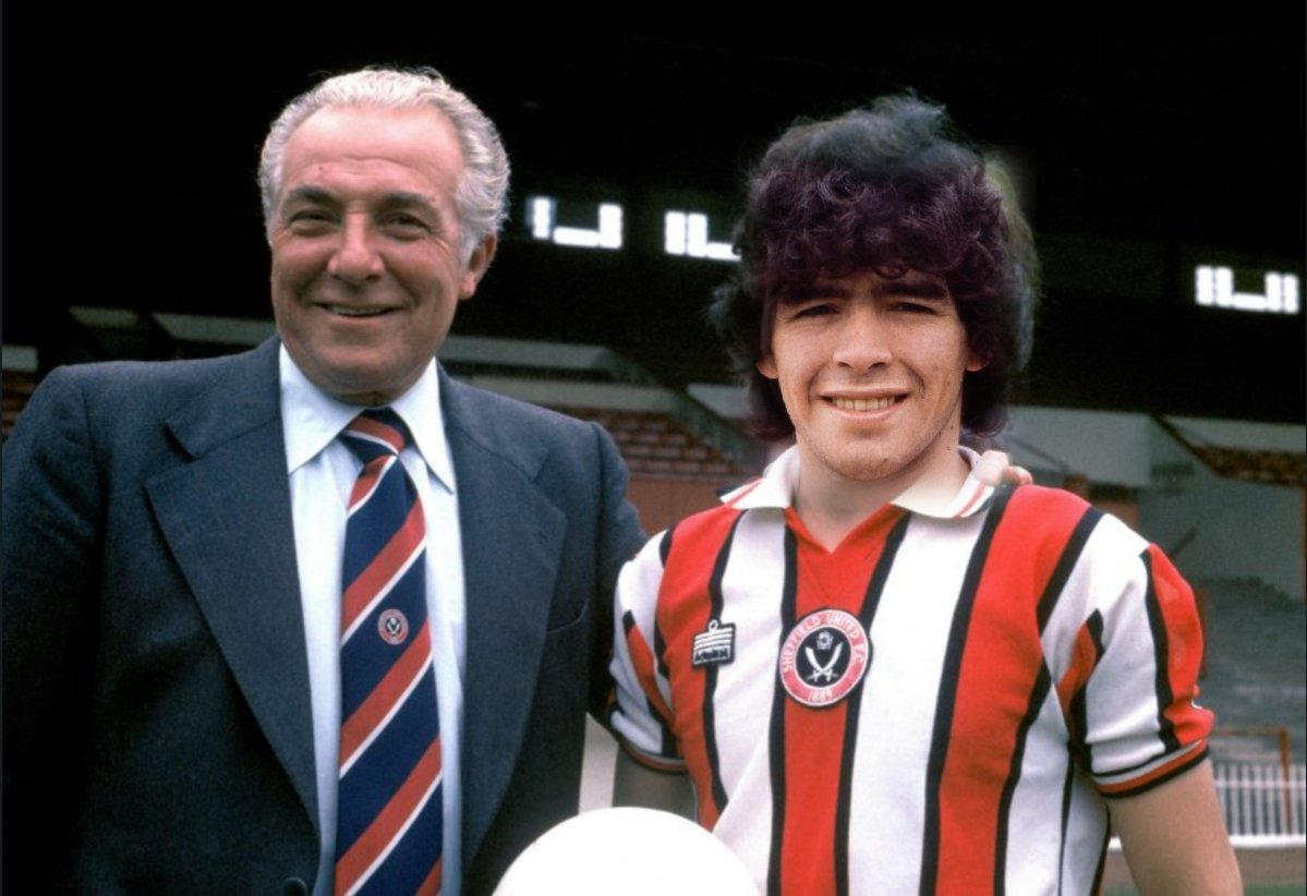 OldSheffield's tweet photo. 1978 and Sheffield United shake hands on a deal to sign 17 year old Diego Maradona for £150,000. The story goes later that night there was a visit from figures claiming to be from the Argentinian military requested a matching fee to allow Diego to sign and the deal was off. https://t.co/r9xK33XIXT