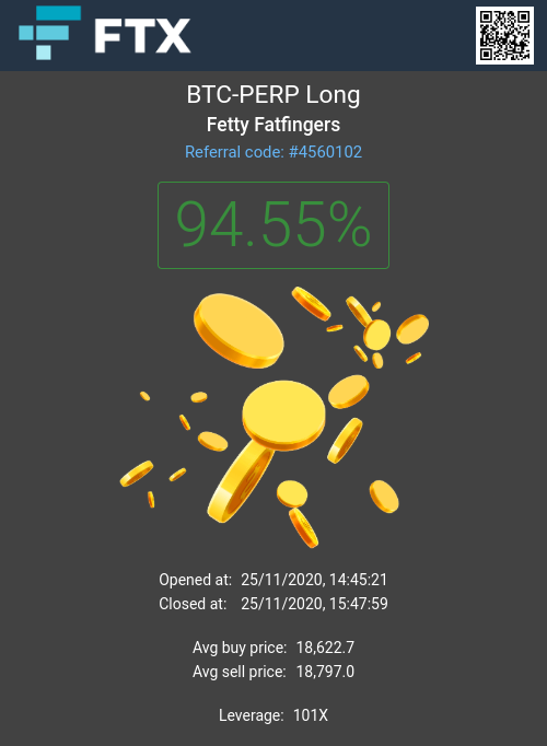 FettyFatfingers's tweet photo. 94.55% PnL on FTX's BTC-PERP contracts! #Bitcoin #cryptocurrency #cryptocurrencies https://t.co/KJ9FkDJwWb