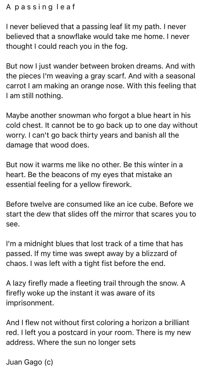 ionztomo16's tweet photo. A p a s s i n g l e a f
#leaf #snowflake #adress #poems #poetry #poetrylovers #writer #writingwithsoul #writingwithlight #winteriscoming Juan Gago (c) https://t.co/D573XCuuwl