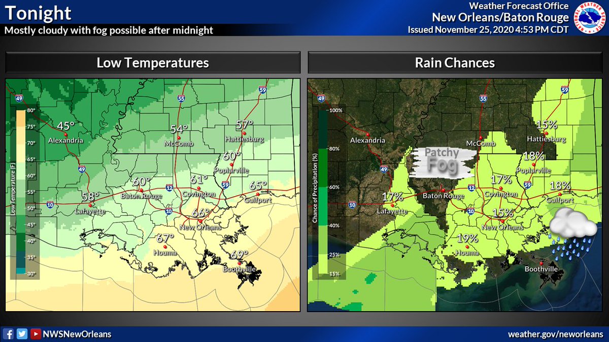 A few lingering showers and storms should be tapering off later tonight. After midnight, patchy fog could start forming through tomorrow morning. Rain chances will continue through the weekend. #LAwx #MSwx https://t.co/2twOVEFR5p