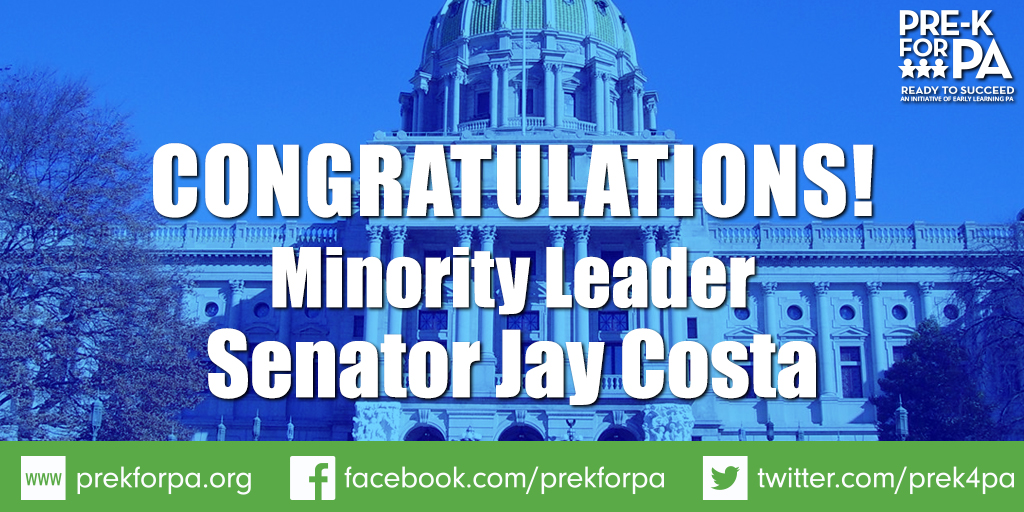 PreK4PA's tweet photo. Congratulations @Senatorcosta! We look forward to working with you to increase access to publicly funded, high-quality #prek in PA! #iamprek #earlylearning2020 https://t.co/6TH6Pmo1AG