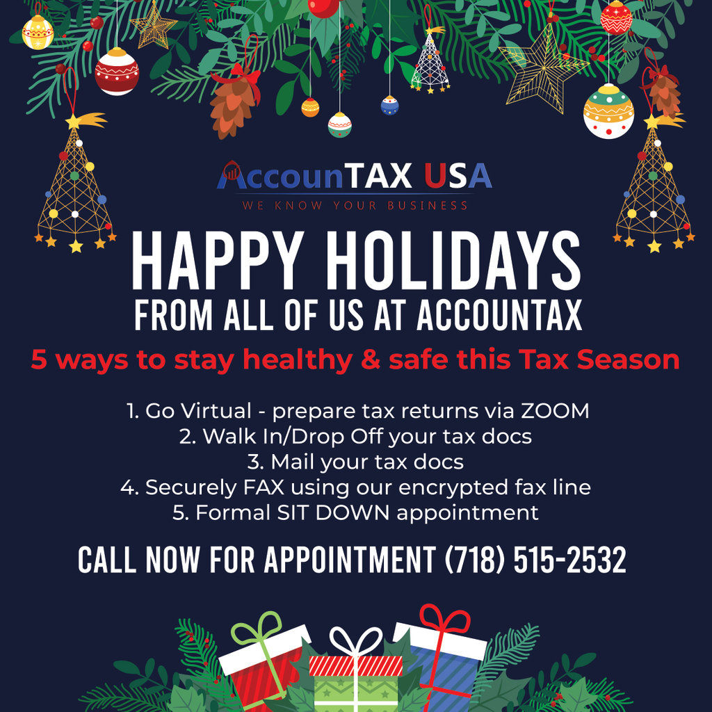 AccounTAXUSAInc's tweet photo. HAPPY HOLIDAYS from all of us at AccounTAX USA
Thank you for choosing us..!
#daycareproviders #thanksgiving #smallbusiness #happyholidays #ZOOM #payroll #daycare #covid19 #businessowner #selfemployed #taxpros #business #virtualtaxprep #bronx #manhattan #brooklyn #taxseason https://t.co/hKRNaqGXZ5