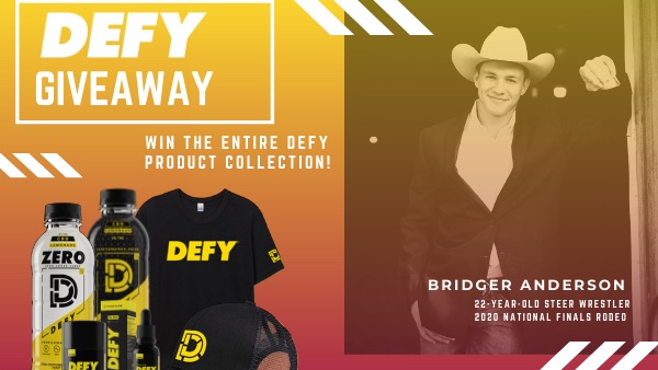thedefynation_'s tweet photo. DEFY is excited to support Bridger Anderson, 22-year-old steer wrestler competing at the #NationalFinalsRodeo! In celebration we're hosting our biggest GIVEAWAY yet! We're giving away our ENTIRE collection. Visit our Instagram to read how to enter: https://t.co/hBiMB8mJ9c https://t.co/UKIQXoWSSs