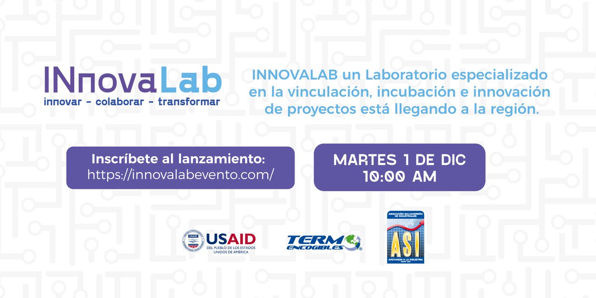 TernovaGroup's tweet photo. Inscríbete y forma parte del lanzamiento de INnovaLab, un laboratorio especializado en el desarrollo de proyectos de negocios con el apoyo de @USAIDES y @asielsalvador 

Regístrate: https://t.co/BcODKW5aAc

#ConectadosHaciaElFuturo #Innovar #Colaborar #UnEspacioParaIdeas https://t.co/Ilwh0fRCIh
