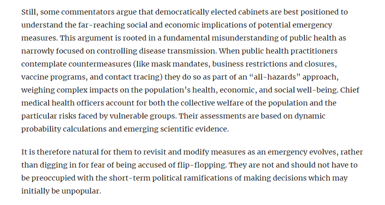 Public health - not politicians - should be in charge. Not just because public health knows how to prevent infection spread. But because of their ability to weigh multiple impacts (including economic ones) on population wellbeing. From today's Hill Times piece: