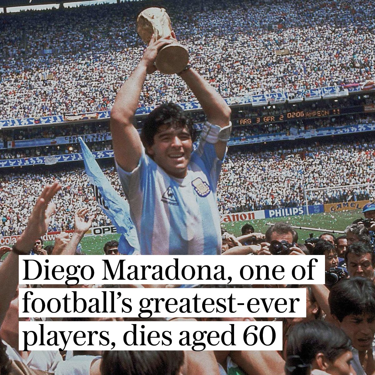 One of the greatest icons of the FOOTBALL  Diego Maradona passes away, a very sad day for World sports. 

Thank you Legend. You’ll never be forgotten. Never. #DiegoMaradona