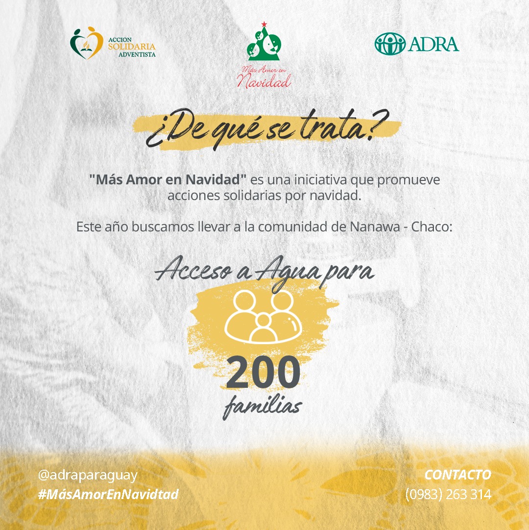 ¡Hagamos más en esta Navidad! 🎄🎁
Este año junto a vos queremos realizar "Más amor en Navidad", iniciativa solidaria que beneficiará a familias de la comunidad de Nanawa - Chaco. 

#MásAmorEnNavidad #ADRA #Agua #Solidaridad #JusticiaCompasiónAmor
