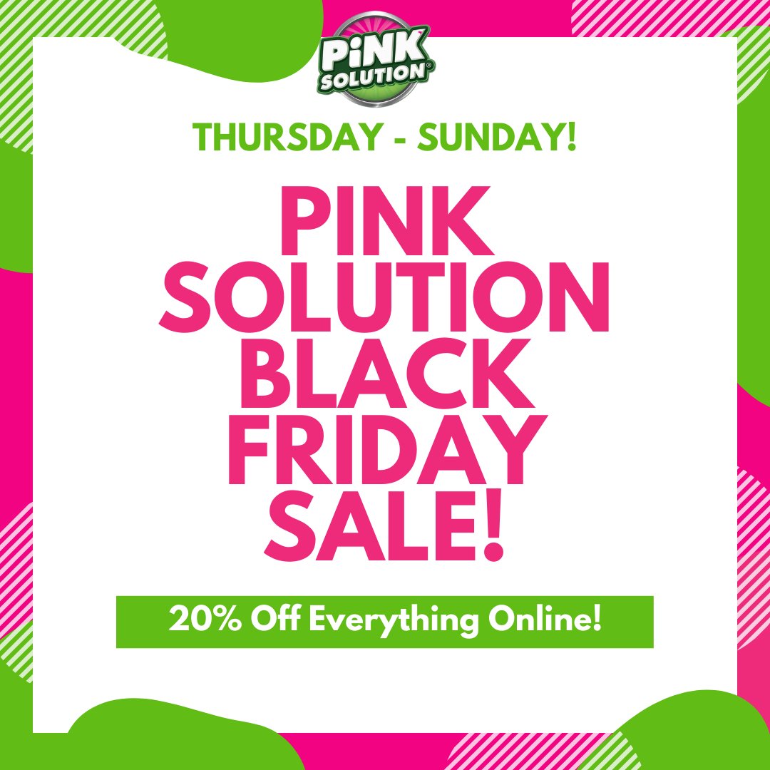 PinkSolution's tweet image. Our Black Friday Sale, 20% off everything online!

Starts Thursday, Nov. 26th till Sunday, Nov. 29th at midnight.

4 Days Only!

#pinksolution #blackfriday #blackfridaysale #sale