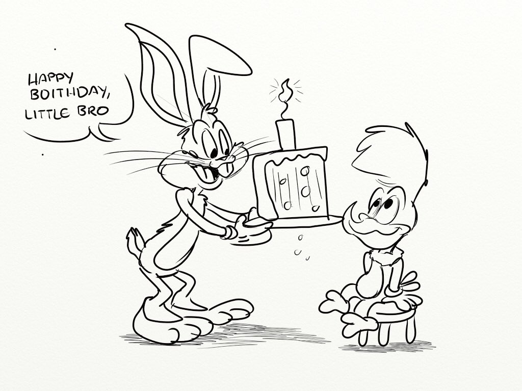 's tweet image. Today is Woody Woodpecker’s 80th birthday, a fact most people wouldn’t know these days, felt like drawing this to honour our favourite wacky bird. 

Do find it appropriate how @bauzilla voices both of these icons now #WoodyWoodpecker80 #BugsBunny #samecreator #benhardaway