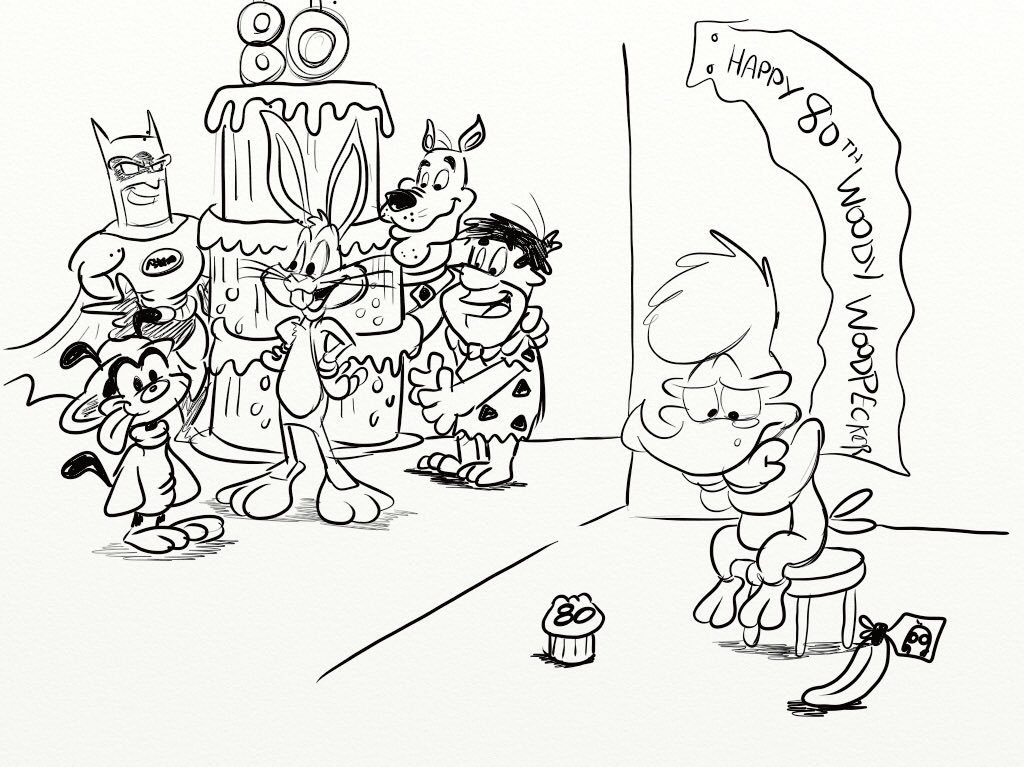 's tweet image. Today is Woody Woodpecker’s 80th birthday, a fact most people wouldn’t know these days, felt like drawing this to honour our favourite wacky bird. 

Do find it appropriate how @bauzilla voices both of these icons now #WoodyWoodpecker80 #BugsBunny #samecreator #benhardaway
