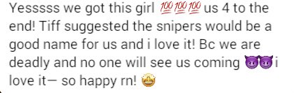 maximusmom13's tweet photo. Woot Woot! I won HOH & im an a final 4 alliance called The Snipers. 🙌
I’m so enjoying this game. I’m “meeting” such great people.
#BBTG #BBgame https://t.co/YDD8phF9M2