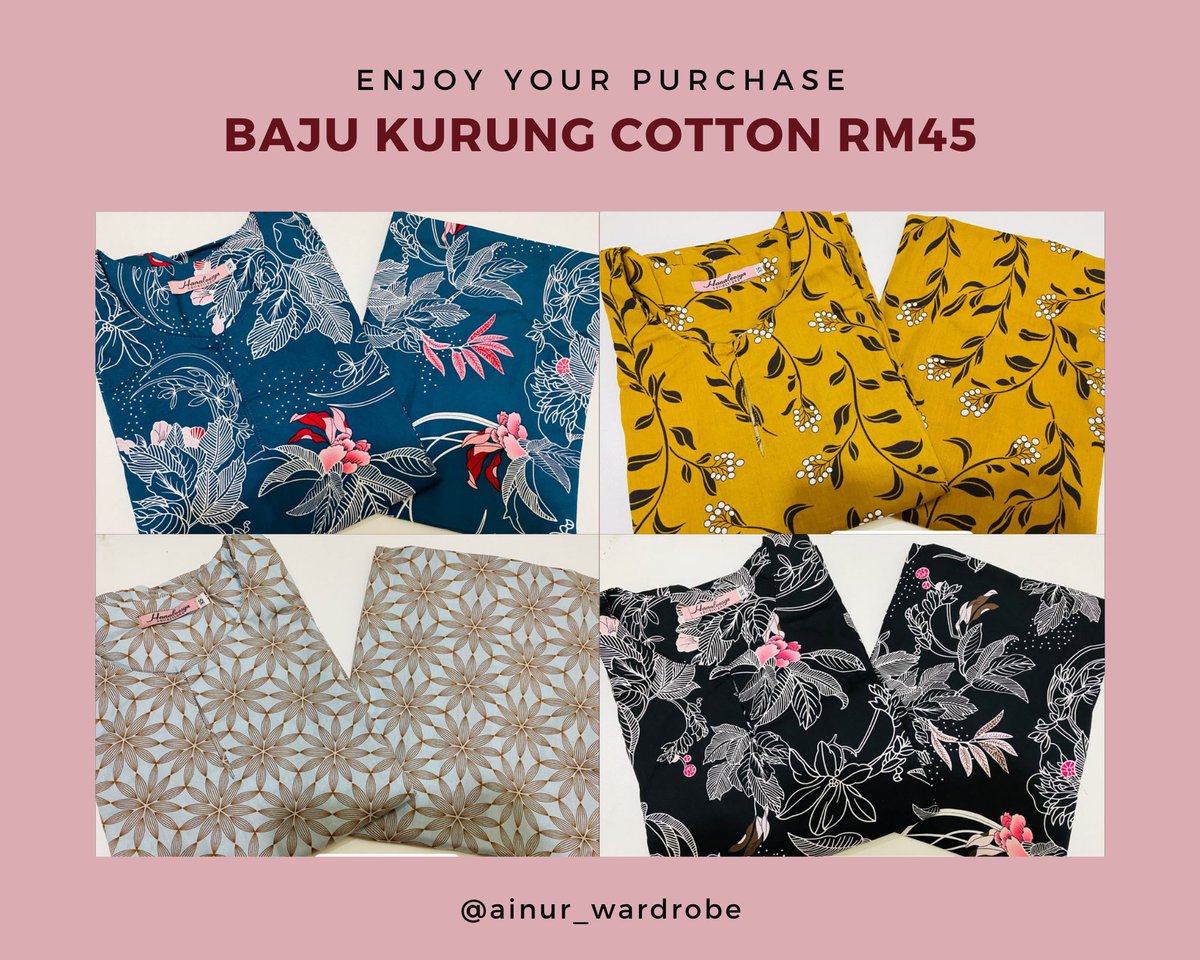 ainur_wardrobe's tweet photo. ‼️NEW DESIGN‼️

Hi everyone🤗 for those yang tengah cari baju kurung cotton murah, i ada jual sepasang RM45 sahaja 🥰

🌼KURUNG PAHANG COTTON
🌼💯ENGLISH COTTON
🌼KAIN SUSUN TEPI SEBELAH KIRI
🌼KAIN TAK MUDAH MENGECUT

https://t.co/PRYUKtyUAJ
Catalog https://t.co/JlgZmvdkhZ https://t.co/y5s60po1St