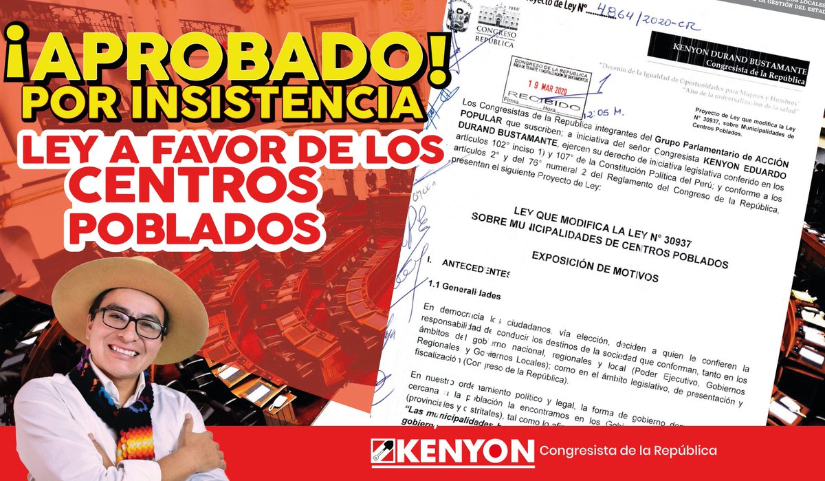 KenyonDurand's tweet photo. ¡JUSTICIA PARA LOS CENTROS POBLADOS!
Hoy aprobamos por insistencia la modificación de LA LEY ORGÁNICA DE MUNICIPALIDADES, RESPECTO DE LAS MUNICIPALIDADES DE CENTROS POBLADOS. El cual incluye la modificación del Proyecto de Ley de mi autoría 4864/2020-CR. https://t.co/quPbUtWR25