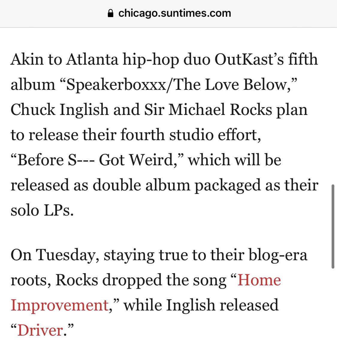 fakeshoredrive's tweet photo. The Cool Kids have announced a new album titled ‘Before Shit Got Weird’

It will be a double album in the style of OutKast’s Speakerboxxx / The Love Below. A solo album for Chuck and a solo album for Sir Mike, with collabs throughout. Release date TBD

via @evanFmoore @Suntimes https://t.co/A18kflHU3R