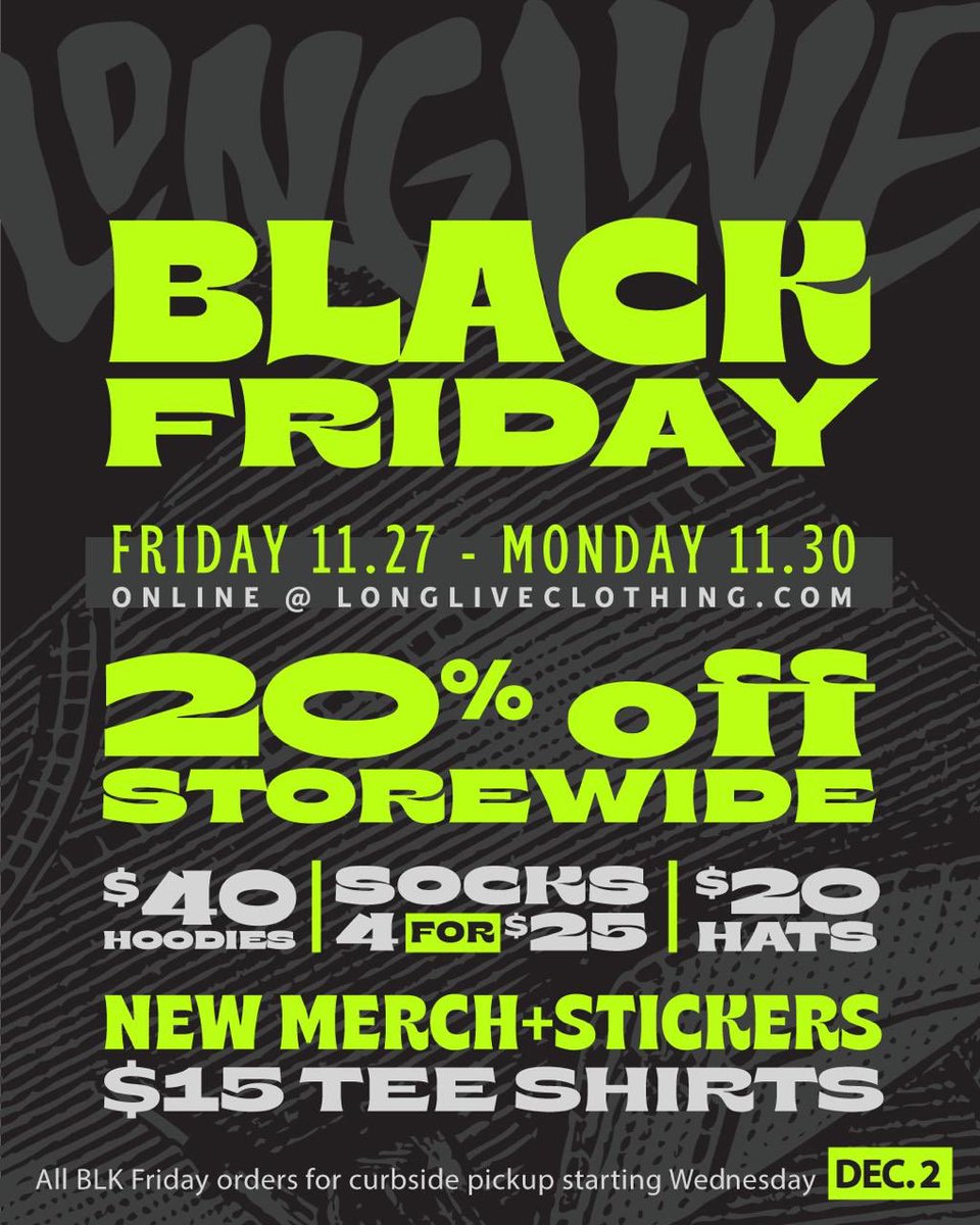 LLCC20X's tweet photo. 11.27.20- BLACK FRIDAY - Grab LL gear at the lowest prices of the year. Shop and be safe from the comfort of your home.  Website
going live on Friday at 8am.  

CURBSIDE PICK UP:
Pick up for all orders begins on Wednesday December 2nd at 2pm. #longliveclothingco #LLblackfriday https://t.co/H5kFofG98s