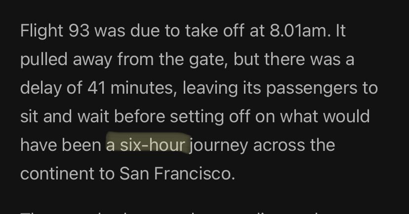 4/ The flight from Newark to SF would have been a 6 hour journey. Beamer reportedly boarded the flight with a Tom Clancy novel and a bookmark with the Lord’s Prayer.