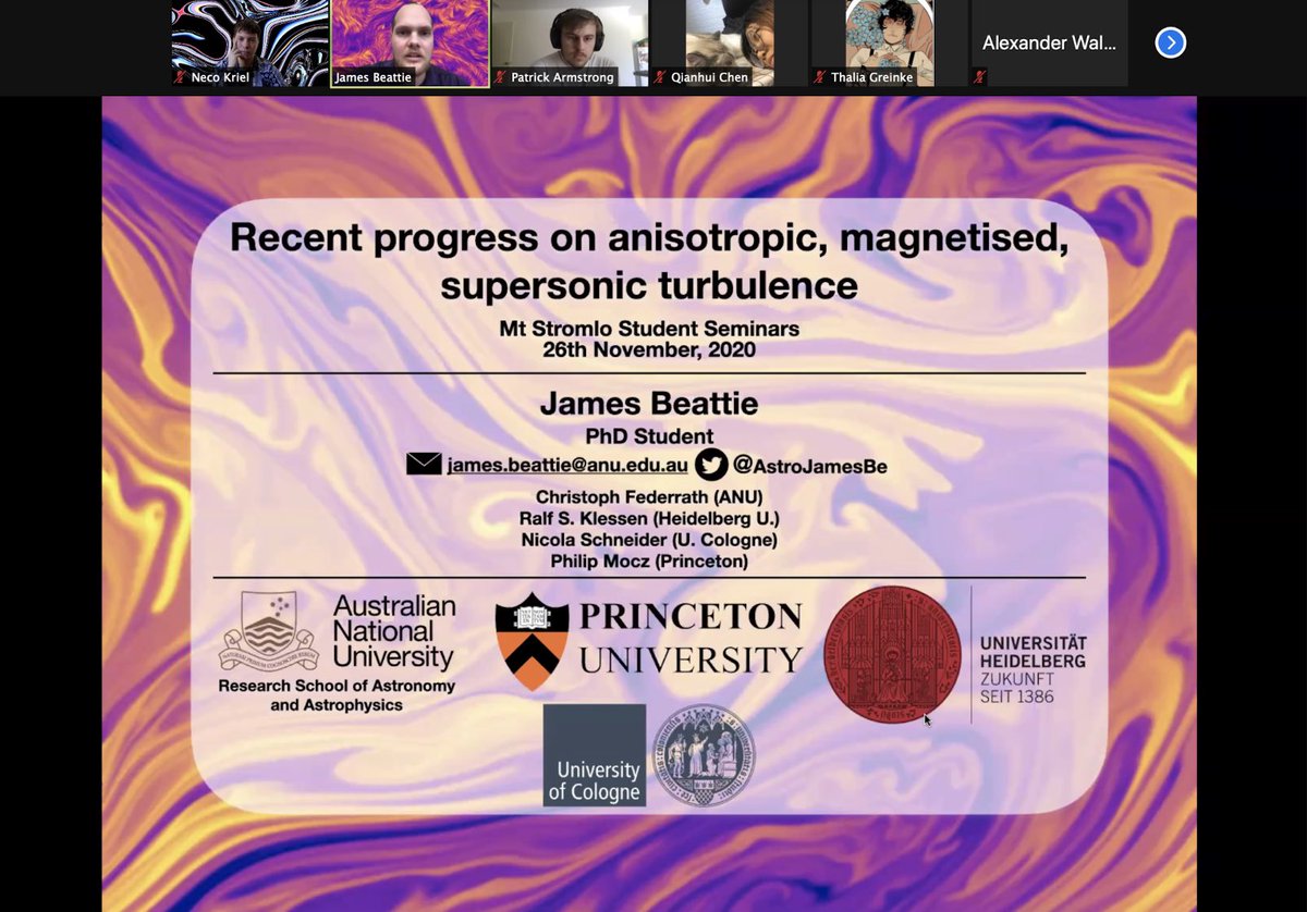 astro_magnetism's tweet photo. Yours truly presenting about recently progress on anisotropic, magnetised, supersonic turbulence, focussing on magnetic field fluctuations (with @amitseta90 ) and density fluctuations (with @PMocz). #MSSS2020 https://t.co/TxSNJ3vgJZ