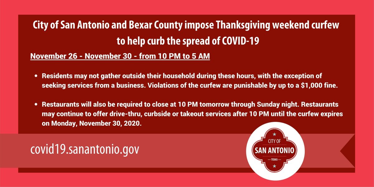COSAGOV's tweet photo. City of San Antonio and Bexar County impose Thanksgiving weekend curfew to help curb the spread of #COVID19. https://t.co/zLruZwiDZq https://t.co/f3ldgoxlST