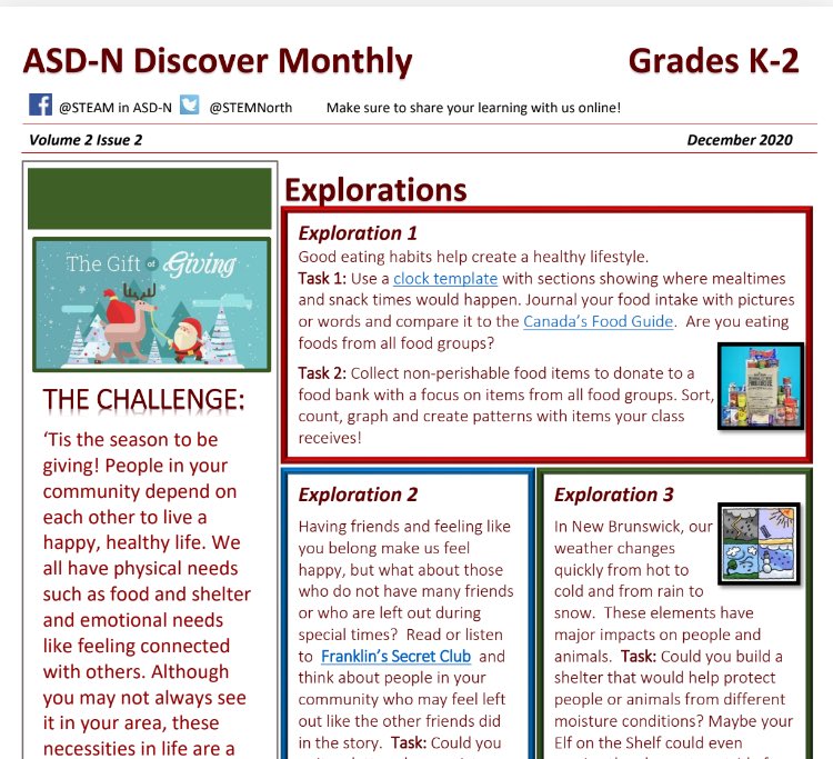 ASD-N Cross Curricular newsletter is back and better than ever!
‘Tis the season to be giving so this month your challenge is to perform a caring action to help people in your community. 
For full explorations in French and English visit :
stemnorth.nbed.nb.ca/node/882/docum….