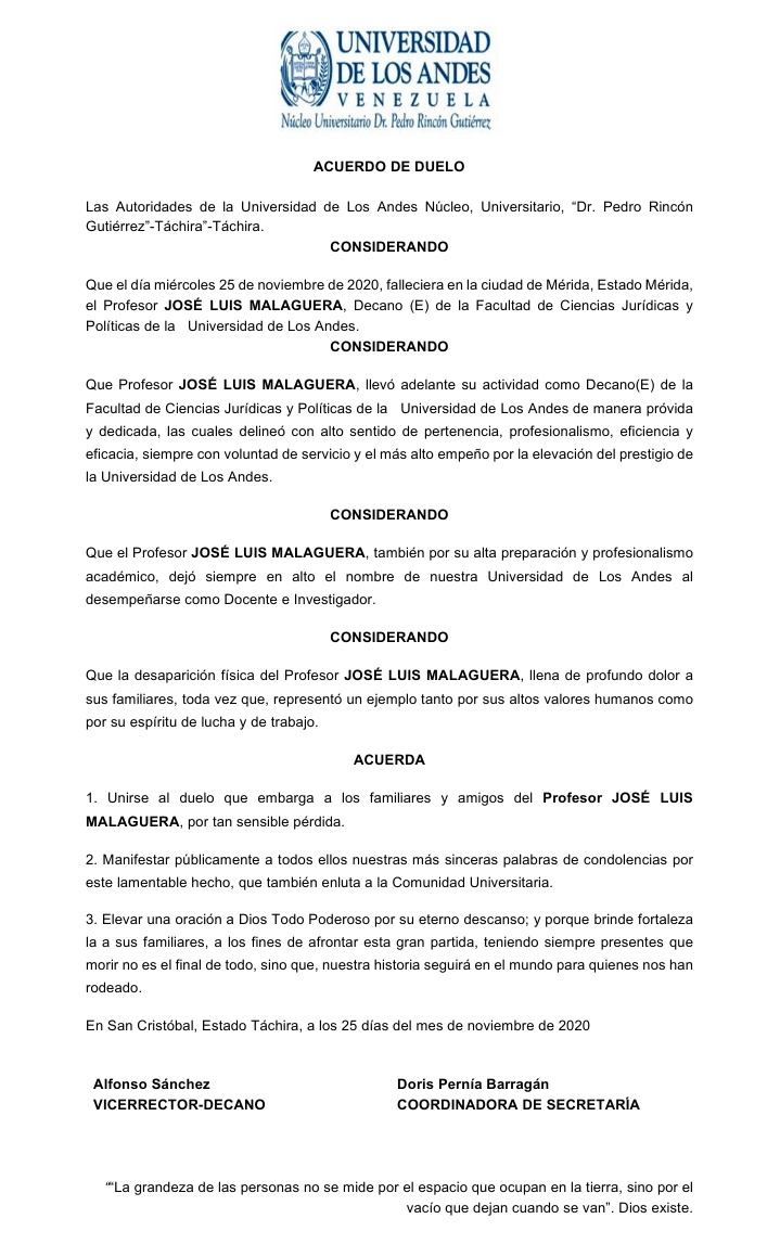 Acuerdo de Duelo por el sensible fallecimiento del Prof. José Luis Malaguera, Decano (E) de la Facultad de Ciencias Jurídicas y Políticas de la Universidad de Los Andes