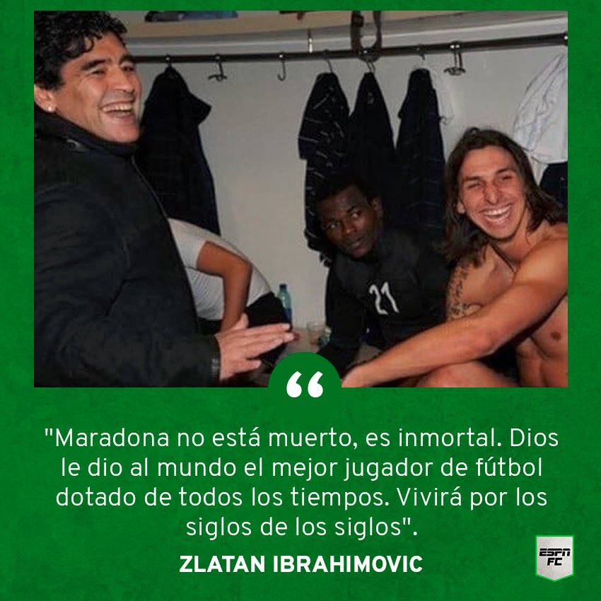 ESPNFutbolClub's tweet photo. Zlatan Ibrahimovic despidió a Diego Maradona con la altura que se lo merece. El adiós a un ídolo. ♾❤️ #DiegoEterno https://t.co/F9Ty5k8AFg