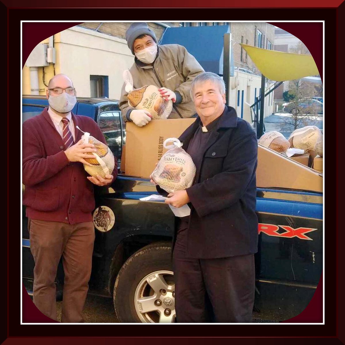 STA_Brookland's tweet photo. Fr. Fred, Mr. Thomasian, and Mr. Reyes take a break from unloading turkeys to pose for the camera! 
#STABrookland #STABlessed #CCAGratitude #HappyThanksgiving⁠￼⁠ https://t.co/Z6izYSQKcp