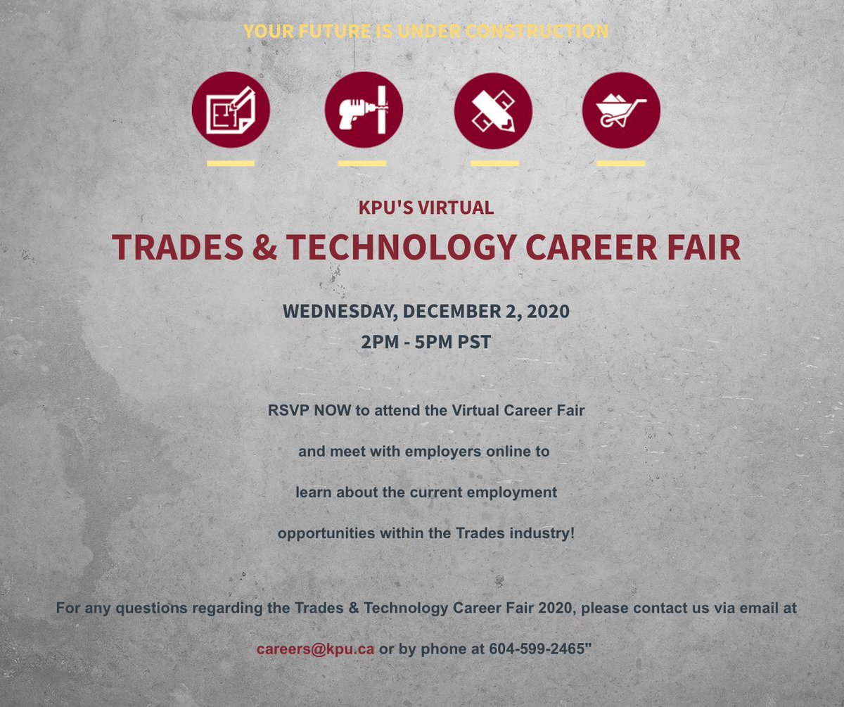 🚨SIGN UP NOW 🚨
The Trades and Technology Career Fair is less then a week away! RSVP now to see which employers are coming.

Link to join:
ow.ly/UNQD50Cvexl
#KPUCDC #KPU #JobsForStudents