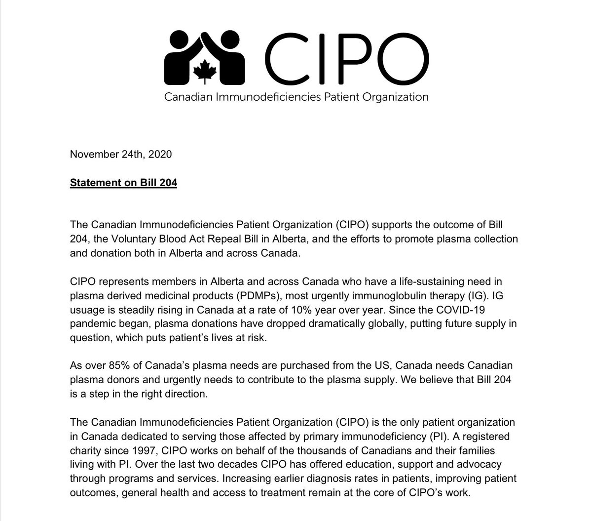 petermjaworski's tweet photo. Patients continue to cheer repeal of the ban on paid plasma in Alberta. Latest statement from @CIPONational: 

“Since the COVID-19 pandemic began, plasma donations have dropped dramatically... which puts patients’ lives at risk.

...Bill 204 is a step in the right direction.” https://t.co/T8cUEYDpeJ