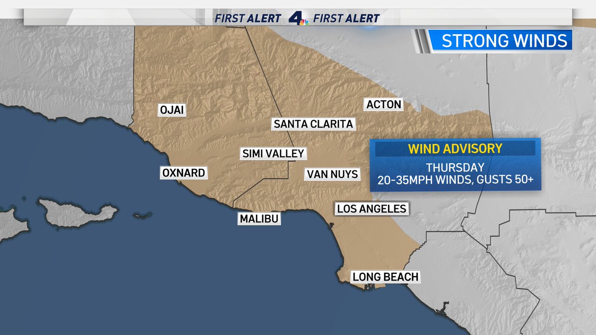 Melissa_Magee's tweet photo. Wind Advisory for Thursday. Winds from 20-35mph with some gusts at 50+. #WindWhipped @NBCLA #NBCLA #Thanksgiving #FirstAlertWeather https://t.co/Y3ZeR3F1Ho