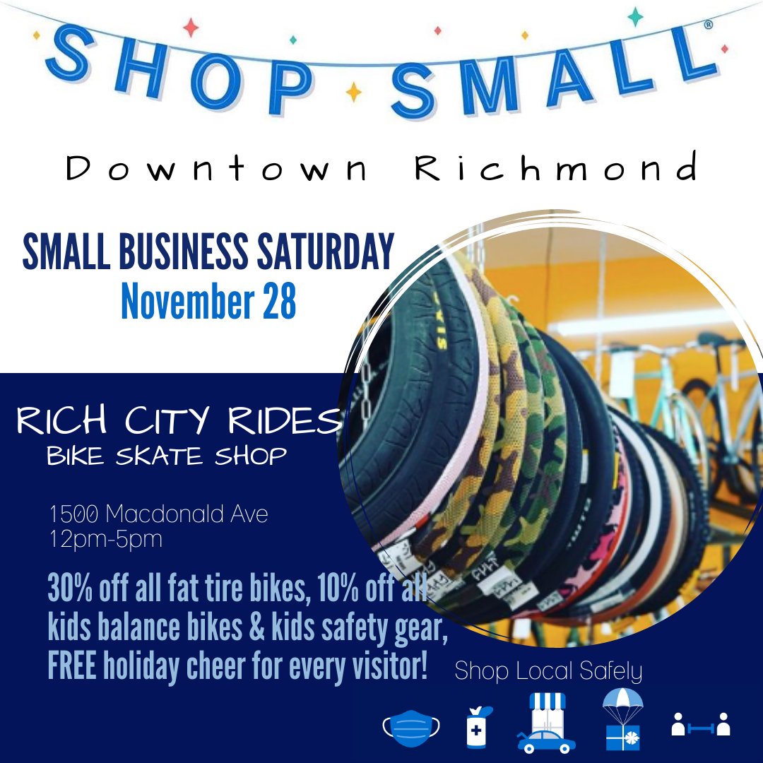 RMSI's tweet photo. Shop #DowntownRichmond this #SmallBizSat! Nov 28
🌟 Rich City Rides Bike Skate Shop – 30% off all fat tire bikes and 10% off all kids balance bikes &amp; kids safety gear.
1500 Macdonald Ave, 12pm - 5pm
#RichmondCA  #ShopLocalSafely #BlackOwnedBusiness  @Rich_rides @MayorTomButt https://t.co/cEoMOMZo0R