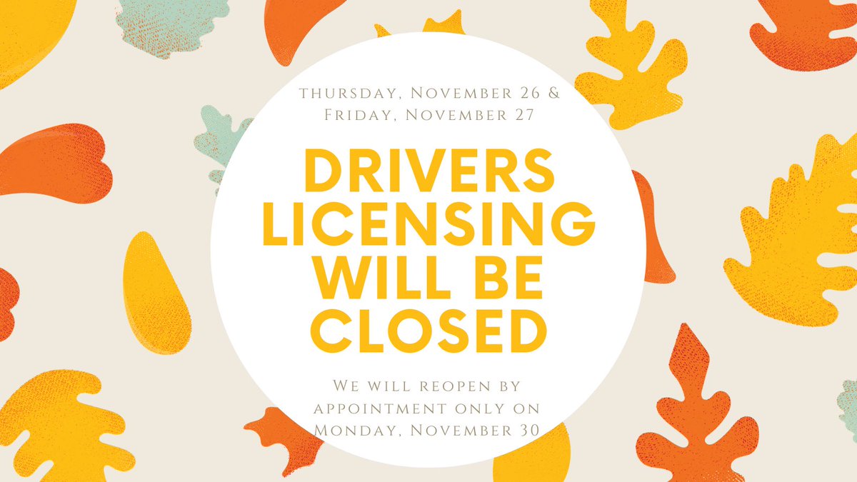 LatahCountySO's tweet photo. Our Drivers Licensing office will be closed Thursday, November 26 and Friday, November 27 in honor of thanksgiving. We will reopen by appointment only on Monday, November 30. To schedule an appointment, visit https://t.co/YFpu1HPAGg https://t.co/fZ2ub2nzsC
