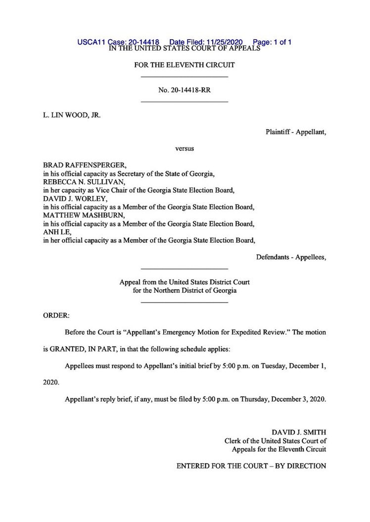 ElectionWiz's tweet image. 🚨BREAKING: 11th Circuit grants Lin Wood’s Emergency Motion for Expedited Review regarding his challenge to the validity of GA election procedure.
