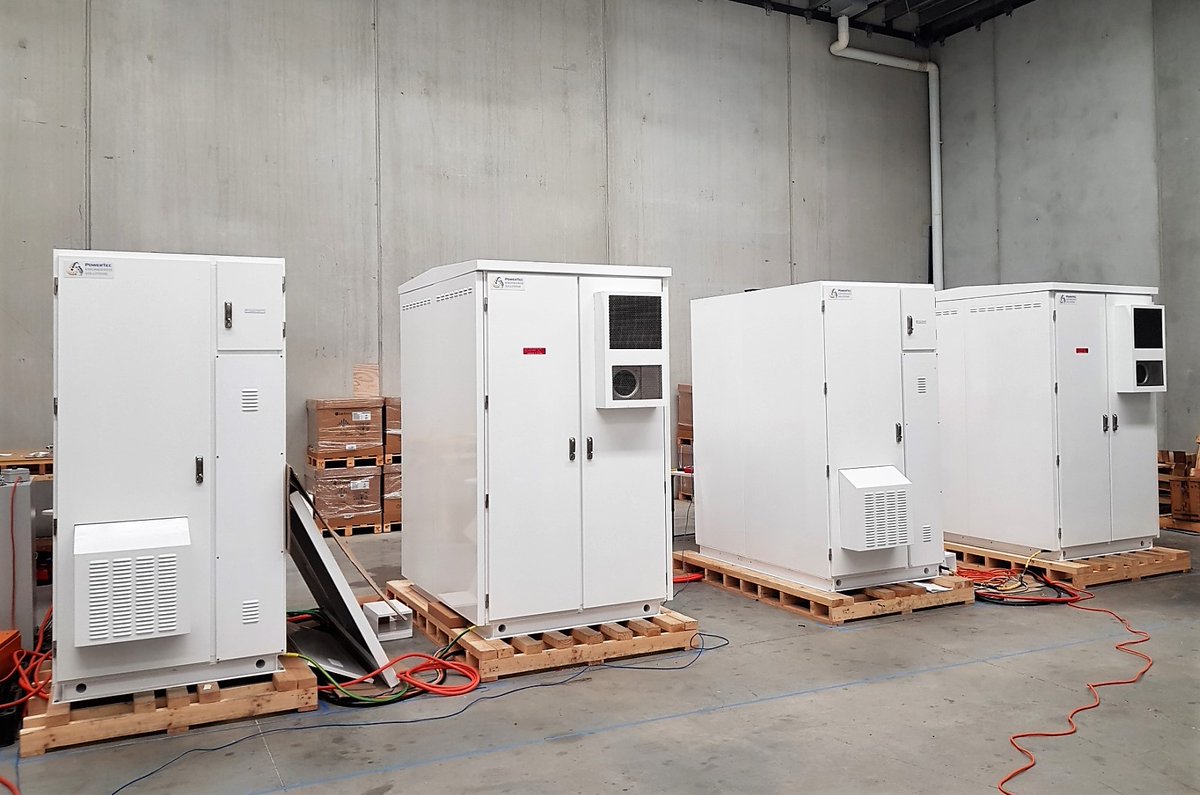 Michaelrjansen's tweet photo. @PowerTecES is concluding factory testing of 2 PowerCache® 250kVA-270kWh BESSs, one for EV charging, one for industrial power. For 2 days, they run on a microgrid and assume all kinds of functions for each other. If you/ your customer are in for a demo, please contact us. https://t.co/d8Yiqohmaa