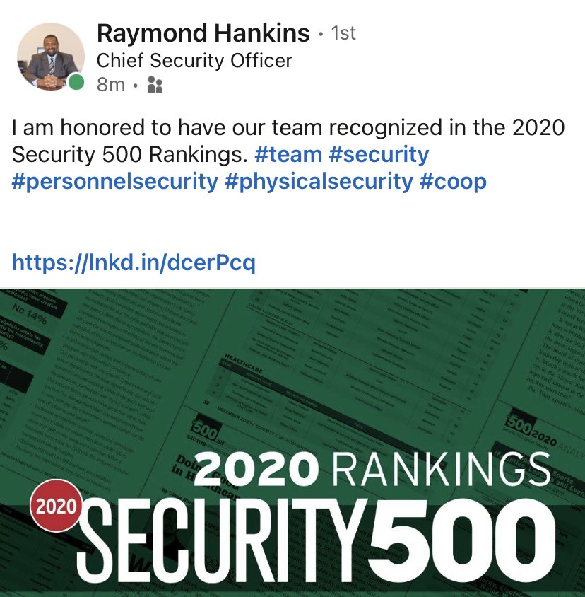 lisagmccurdy's tweet photo. Congratulations, @RayHankins! This is an honor well-deserved. It might take a team, but it starts with stellar leadership!
I’m so proud of you!
#proudwife #security #topranked #leadership #coop #physicalsecurity #personnelsecurity #security500 https://t.co/iOsTAWvuFZ
