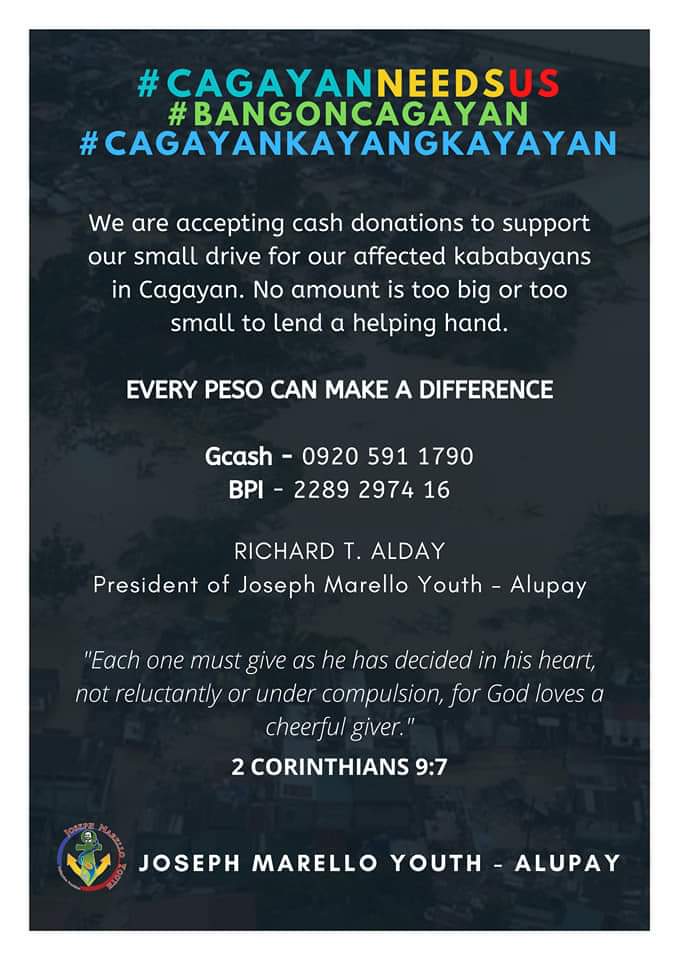 “CAGAYAN KAYANG, KAYA YAN” Song For A Cause

CALL FOR DONATION
“awit handog sa mga kababayang nasalanta ng Typhoon Ulysses.”

Mahal tayo ng Diyos mga Kalakbay!❤

#CagayanNeedsUs
#BangonCagayan
#CagayanKayangKayaYan