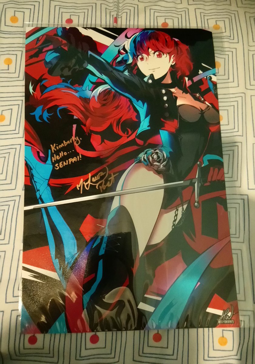 A large print of Kasumi Yoshizawa from the game series Persona, in which she appears in Persona 5 The Royal. Kasumi has red hair tied up in a high ponytail, a red ribbon & has red eyes. She is wearing a black leotard, a black cropped leather jacket & black thigh high heeled boots. On the right hand side of her hip she has a metal rose connected to a chain, and a rapier & sheath on her left side. She is wearing red leather gloves, and holding a red  rhythmic gymnastics ribbon in her right hand.