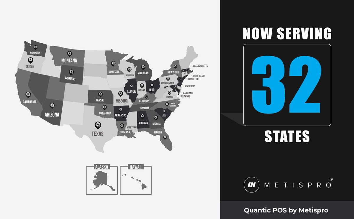 metispro's tweet photo. This Thanksgiving might feel different, but here at Metispro, our gratitude remains the same! Thanks to you, we're excited to announce our latest milestone, with Quantic POS now in 32 US states! We could not have gotten here with out your support!  

https://t.co/3SdEIJ0puU https://t.co/Fpikfgsxn7