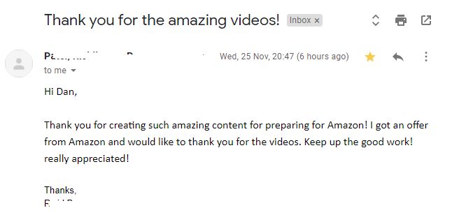 danccroitor's tweet photo. Thank you for creating such amazing content for preparing for Amazon! I got an offer from Amazon and would like to thank you for the videos. Keep up the good work! really appreciated! https://t.co/JKocfeilwL