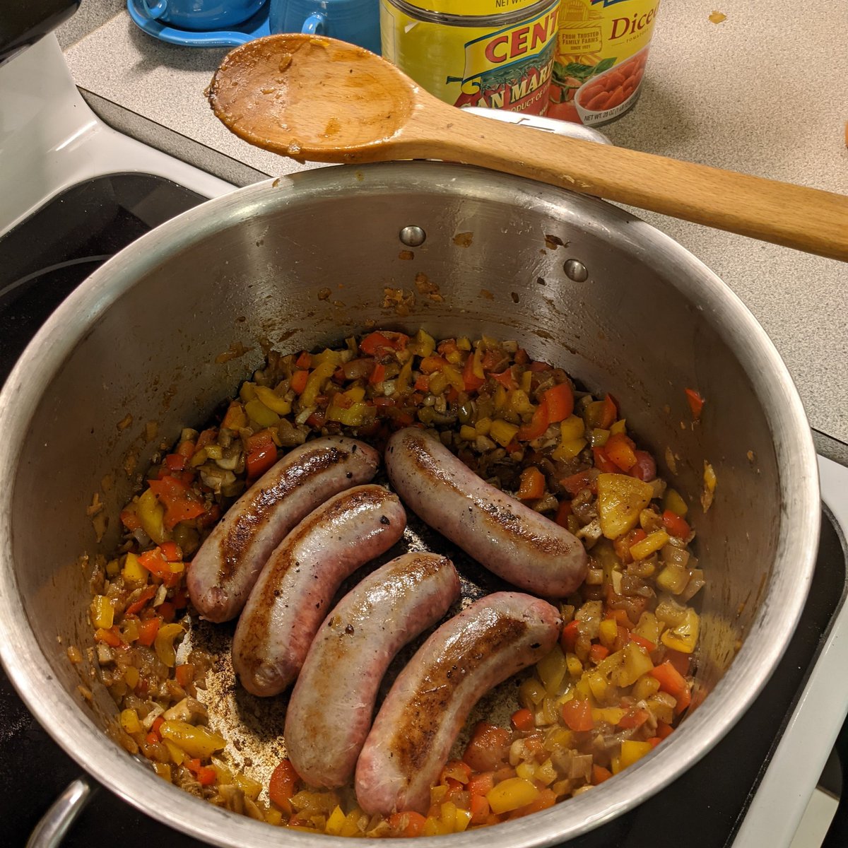 Browned the sausage. (These got simmered but we wound up eating them for lunch.) 3/8