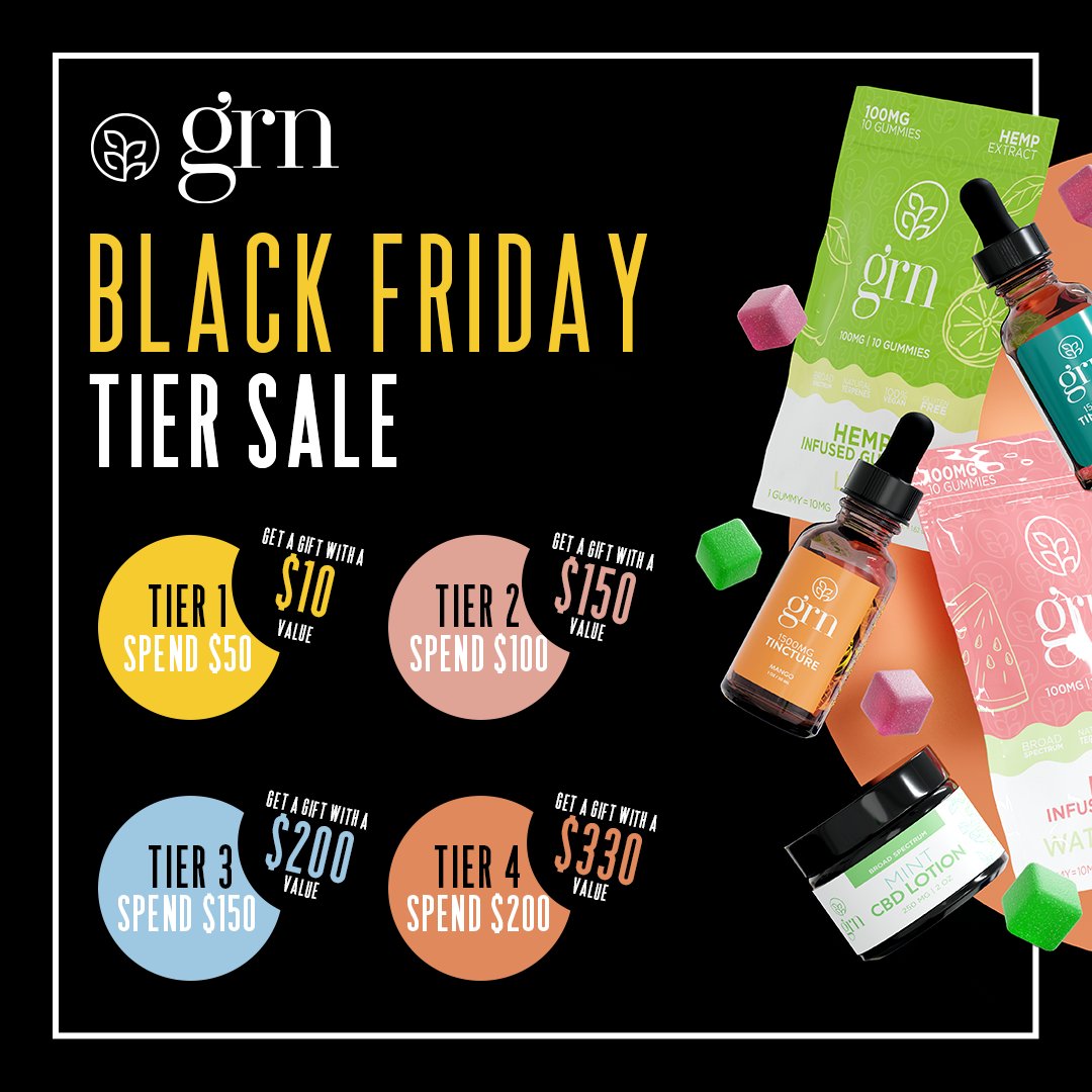 grncbd's tweet photo. 💚 BLACK FRIDAY SALE 💚⁠
⁠
Our annual Black Friday "Tier" Sale is live and is going on until this Sunday at 11:59pm 🙏⁠
⁠
We only have a sale like this once a year so make sure you don't miss out! 🌿⁠

https://t.co/9mFVlRKaPR

#cbd #cbdoil #selfcare  #blackfriday #deals https://t.co/bYsnorTpsi