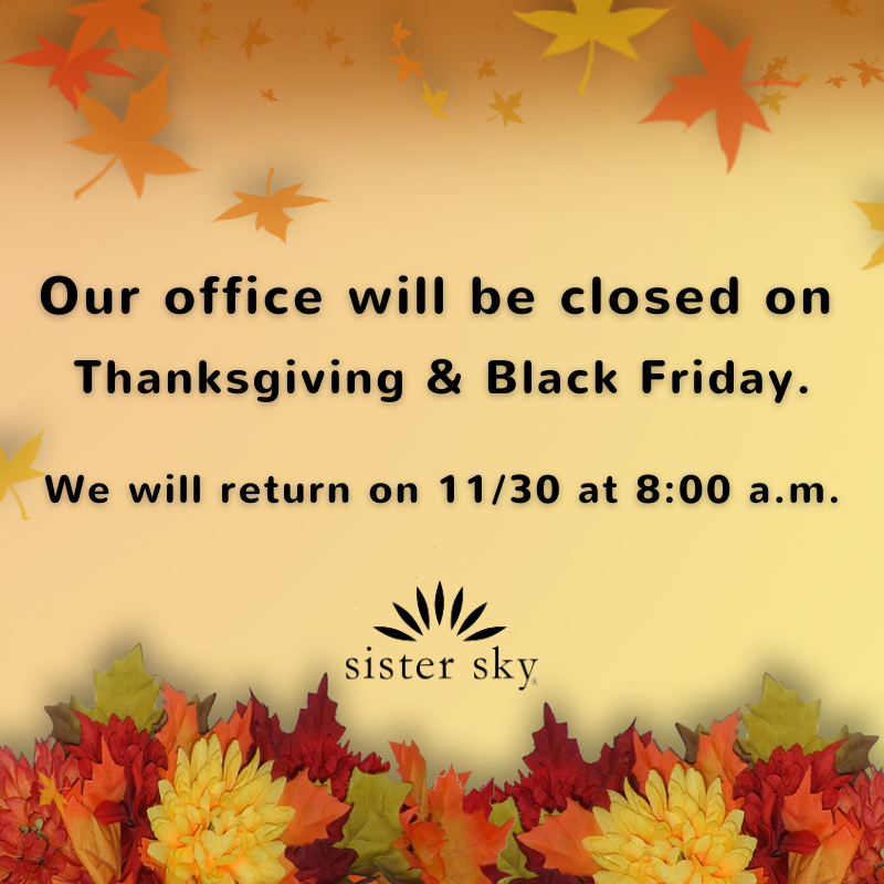 1sistersky's tweet photo. Happy Holidays to our extended Sister Sky family! 🦃
We hope you enjoy the holiday &amp; please stay safe &amp; healthy! 🧡 https://t.co/2GLPC2DGUq