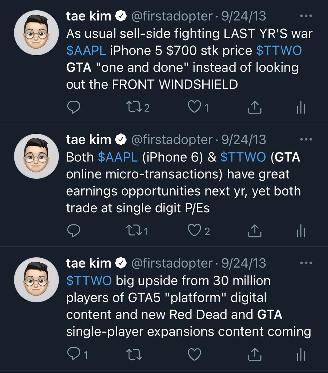 Back in 2013, Take-Two & Apple traded at single digit P/Es into their best product cycles ever (GTA Online and iPhone 6). Sell side was completely oblivious & backward looking. Could not see out windshield, how every firstadopter was clamoring to buy these products  https://twitter.com/ballmatthew/status/1331762531476639744