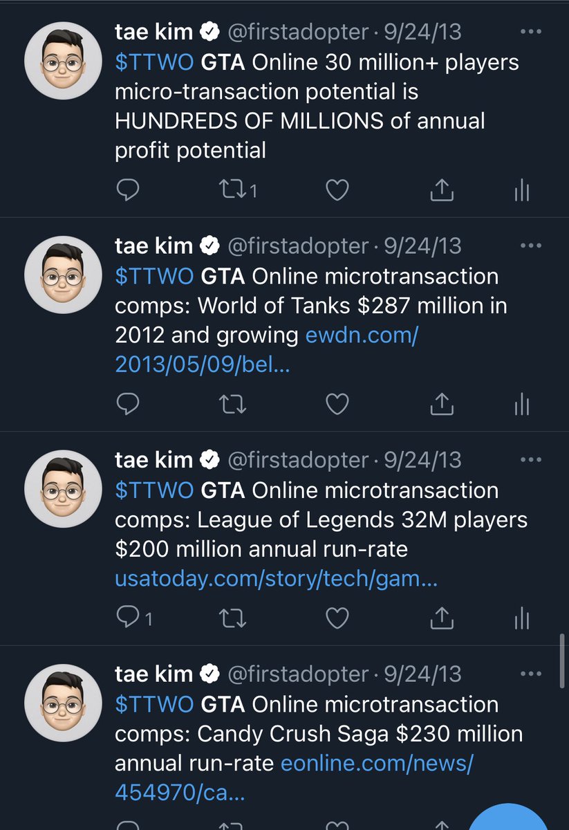 Back in 2013, Take-Two & Apple traded at single digit P/Es into their best product cycles ever (GTA Online and iPhone 6). Sell side was completely oblivious & backward looking. Could not see out windshield, how every firstadopter was clamoring to buy these products  https://twitter.com/ballmatthew/status/1331762531476639744