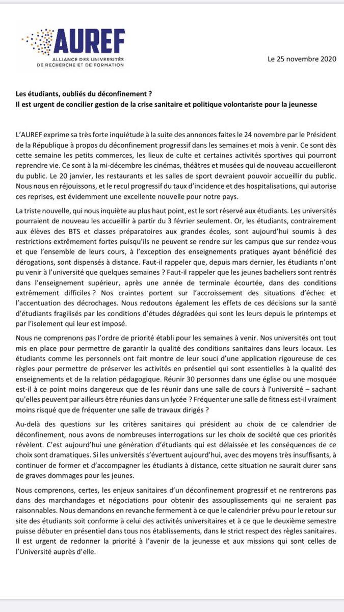 nathdompnier's tweet photo. Les étudiants, oubliés du déconfinement... Communiqué de l’Alliance des universités de recherche et de formation @AUREF4 https://t.co/UvvyDhCTgS