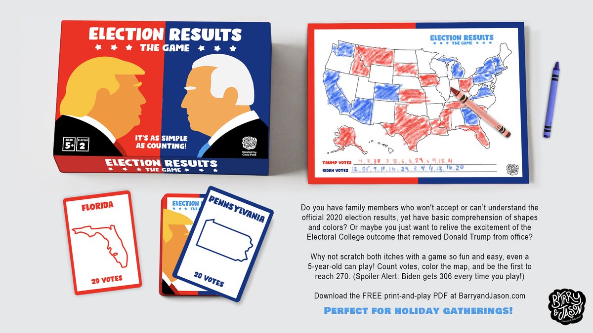 barryandjason's tweet photo. Election Results: The Game is a FREE download from our website. Play with Uncle Dale tomorrow...he'll LOVE it. #ThingsWeShouldThankTrumpFor #LSSC #OANN https://t.co/hiBxayfrIh
