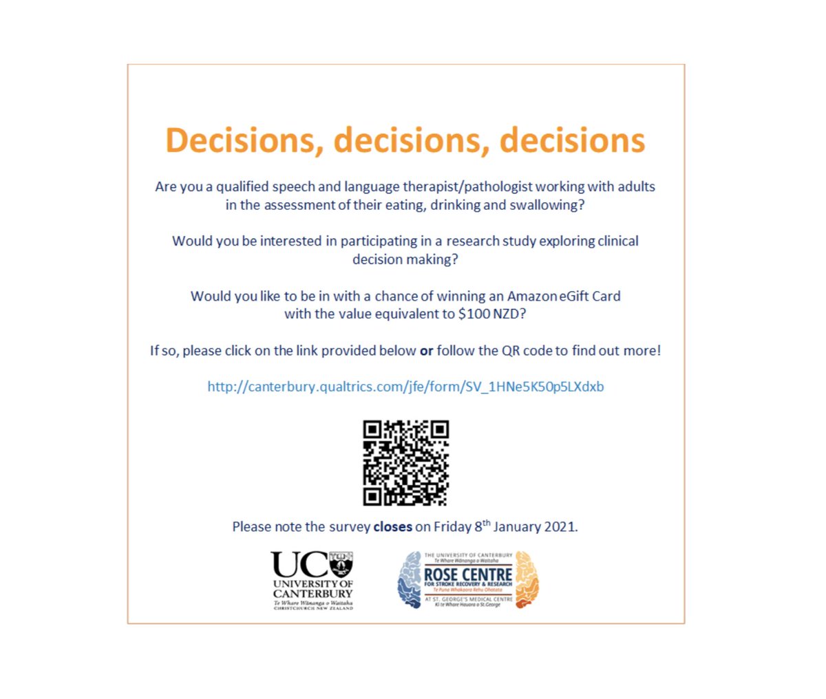 THIS GOT ME THINKING 🤔🚨.....Clinical decision making among #slpeeps in adult #dysphagia 
 
*Survey Linked*

<a href="/iaslt_ressig/">IASLT Research SIG</a> <a href="/NZSTAComms/">New Zealand Speech-language Therapists Association</a> <a href="/SpeechPathAus/">Speech Pathology Australia</a> <a href="/ASHAWeb/">ASHA</a> 

canterbury.qualtrics.com/jfe/form/SV_1H…