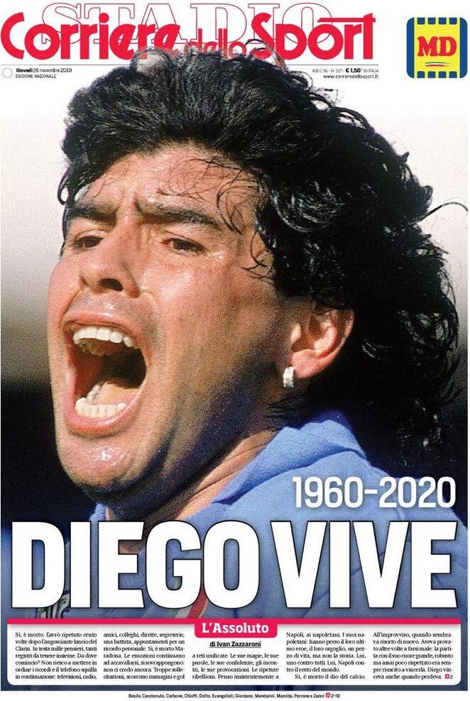 capa do jornal esportivo italiano Corriere dello Sport, com a foto do rosto de Maradona gritando e a manchete "Diego vive"