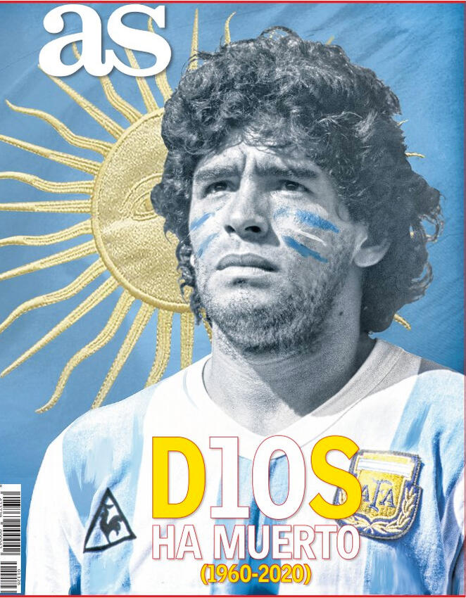 capa do jornal esportivo espanhol AS, com o rosto de Maradona em tons de azul e a legenda "Dios ha muerto", com o I e o O trocados pelos algarismos do número 10