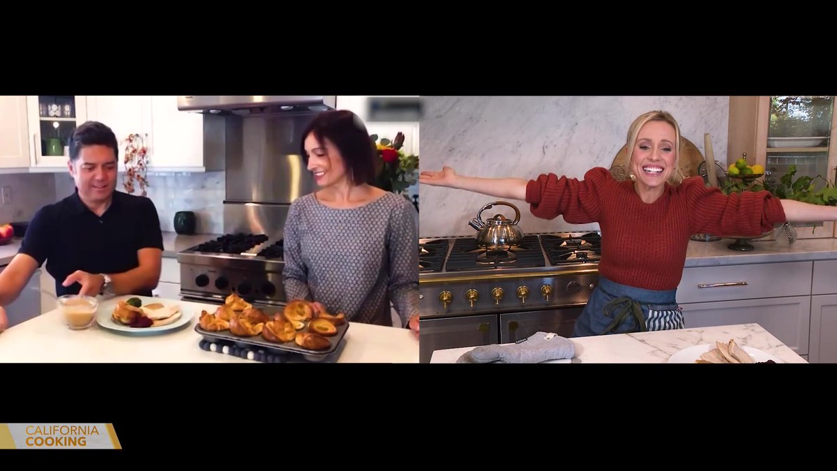 KTLA's tweet photo. Happy Thanksgiving๐ฆ! In part 1 of our #CaliforniaCooking special, @FrankBuckleyTV and his wife make Yorkshire pudding, @MarkKriski shares his sausage sage stuffing recipe and @SamOnTV introduces @jessicaktla to The Apple Pan ๐ฅง๐. Watch live: https://t.co/c47Dcb2MUK https://t.co/7RSCB0UvAU